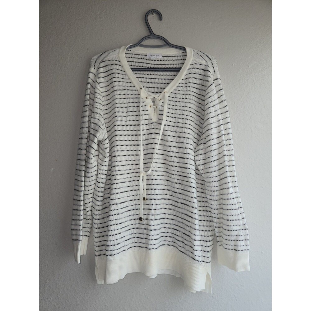 Calvin Klein Womens Sweater XL White Black Striped Lace Up V-Neck Metallic Knit